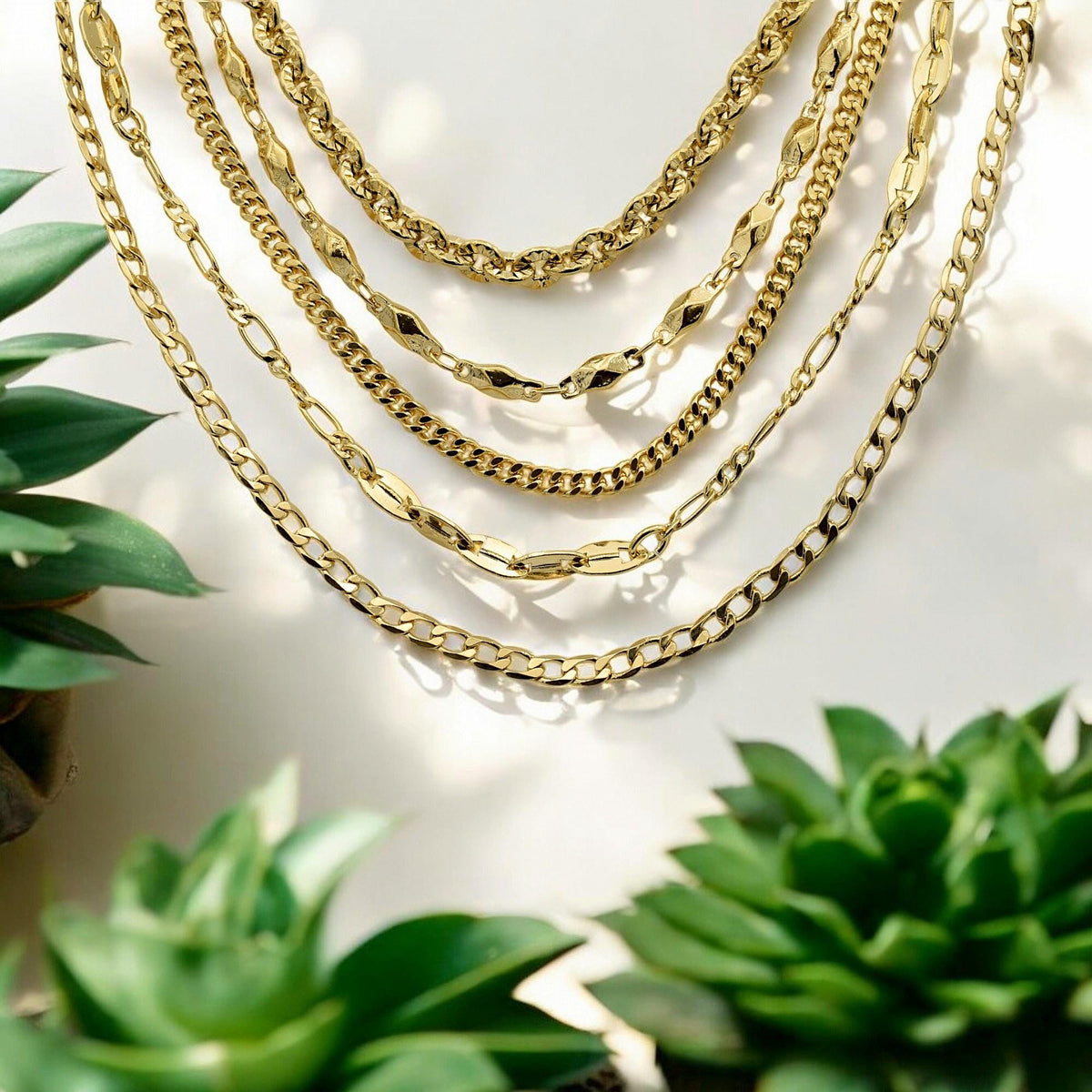 Gold Filled Alternative Waterproof Chains Jewelry, Sunburst & Oval Link Designs (18-20 Inch, Tarnish Resistant, Durable Metal)