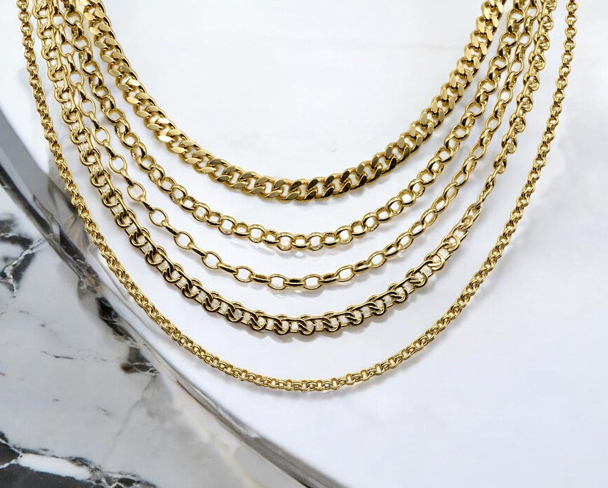 Gold Filled Alternative Waterproof Chains: Mariner, Curb, Oval Link Styles | Tarnish Resistant, Durable | Multiple Lengths Available