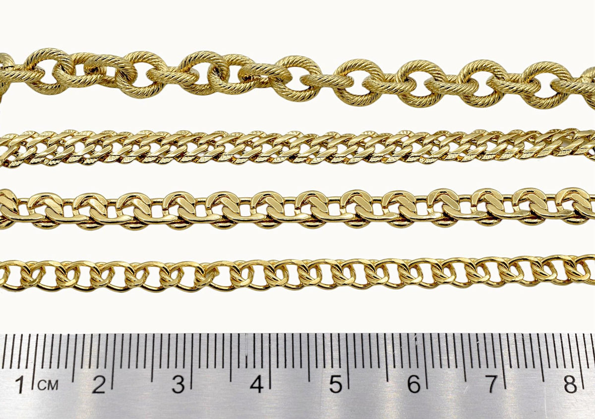 Gold Filled Alternative Waterproof Chains - Flat Curb Mariner Double Cable Styles - Durable Gold Finish, Jewelry Making Supplies