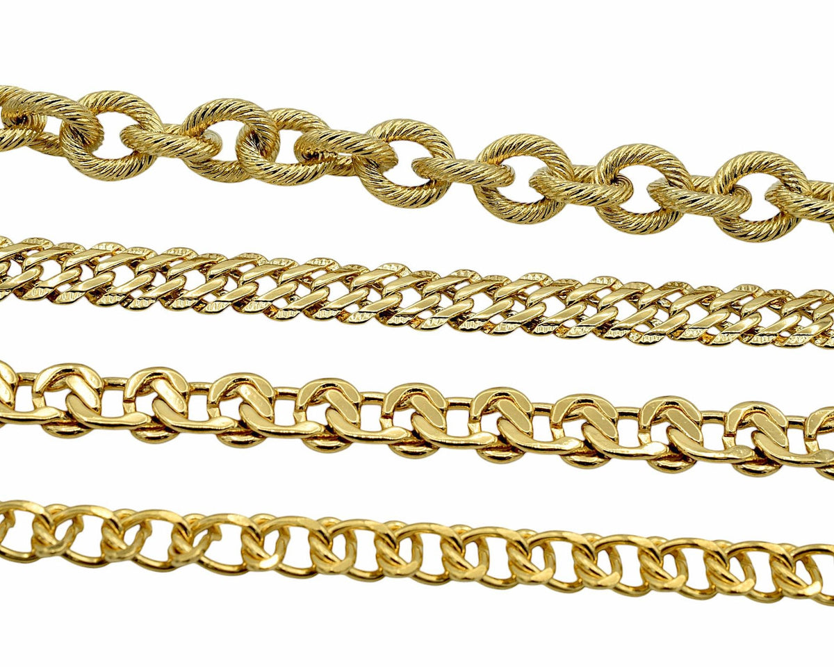 Gold Filled Alternative Waterproof Chains - Flat Curb Mariner Double Cable Styles - Durable Gold Finish, Jewelry Making Supplies
