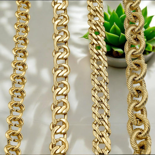 Gold Filled Alternative Waterproof Chains - Flat Curb Mariner Double Cable Styles - Durable Gold Finish, Jewelry Making Supplies