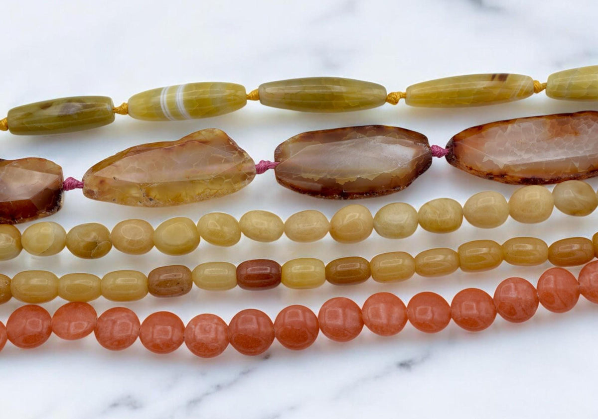 Bulk Mixed Yellow Agate Beads: Natural Polished Gemstones, Warm Amber Orange Tones (Oval Tube, Round, Organic Shapes, DIY Crafts)