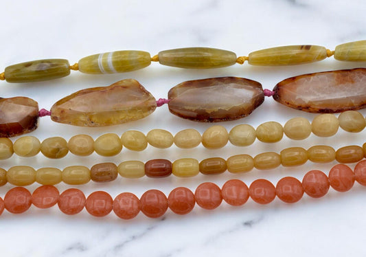 Bulk Mixed Yellow Agate Beads: Natural Polished Gemstones, Warm Amber Orange Tones (Oval Tube, Round, Organic Shapes, DIY Crafts)