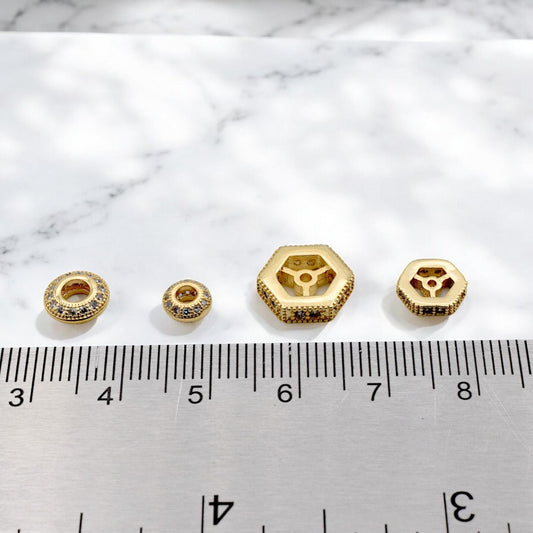 Gold Filled Look Micro Pave Spacer Beads – Waterproof Hexagon Round Jewelry Findings 3 PCs/ PK jewelry making supplies - d...