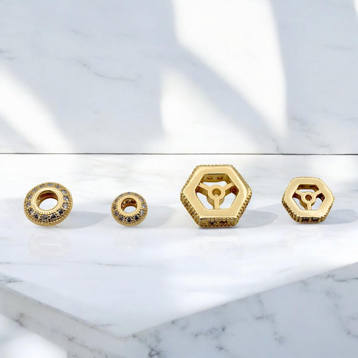 Gold Filled Look Micro Pave Spacer Beads – Waterproof Hexagon Round Jewelry Findings 3 PCs/ PK jewelry making supplies - d...