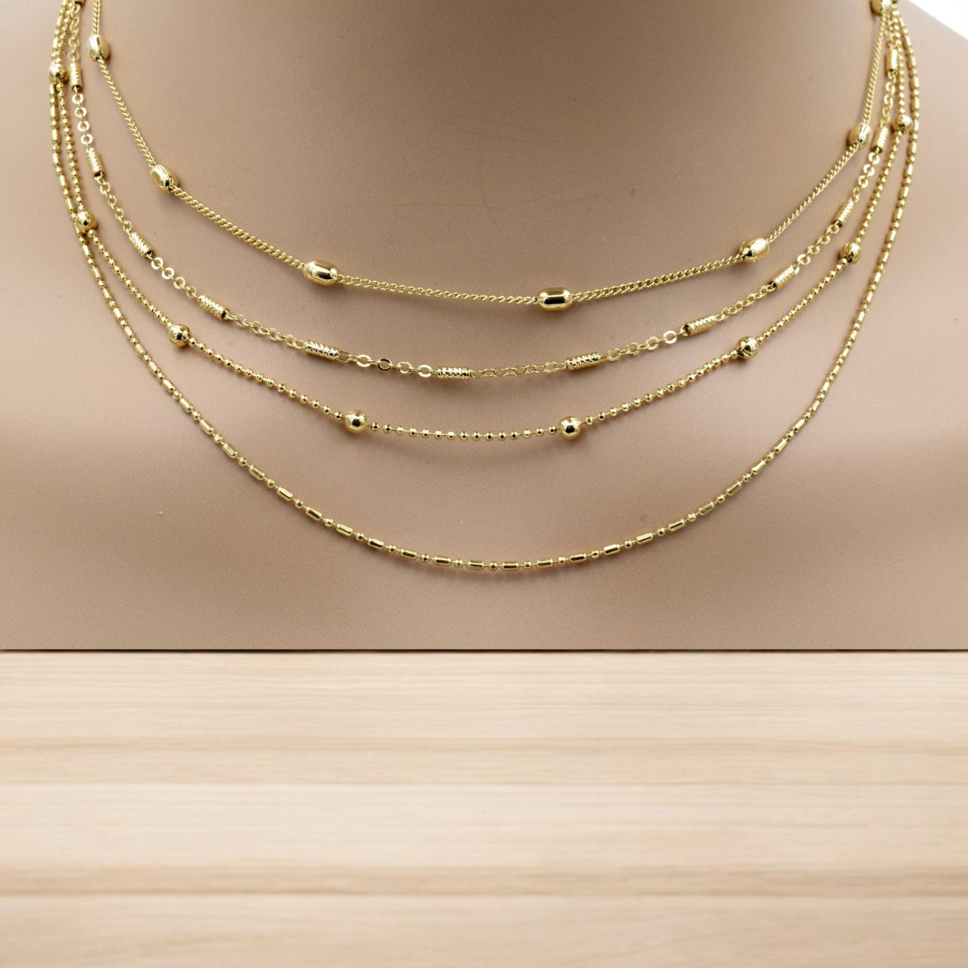 Gold Filled Durable Waterproof Chains: Modern Elegant Styles, Rope & Bar Accents (18 Inch Length, 3mm Beads, Jewelry Supply)