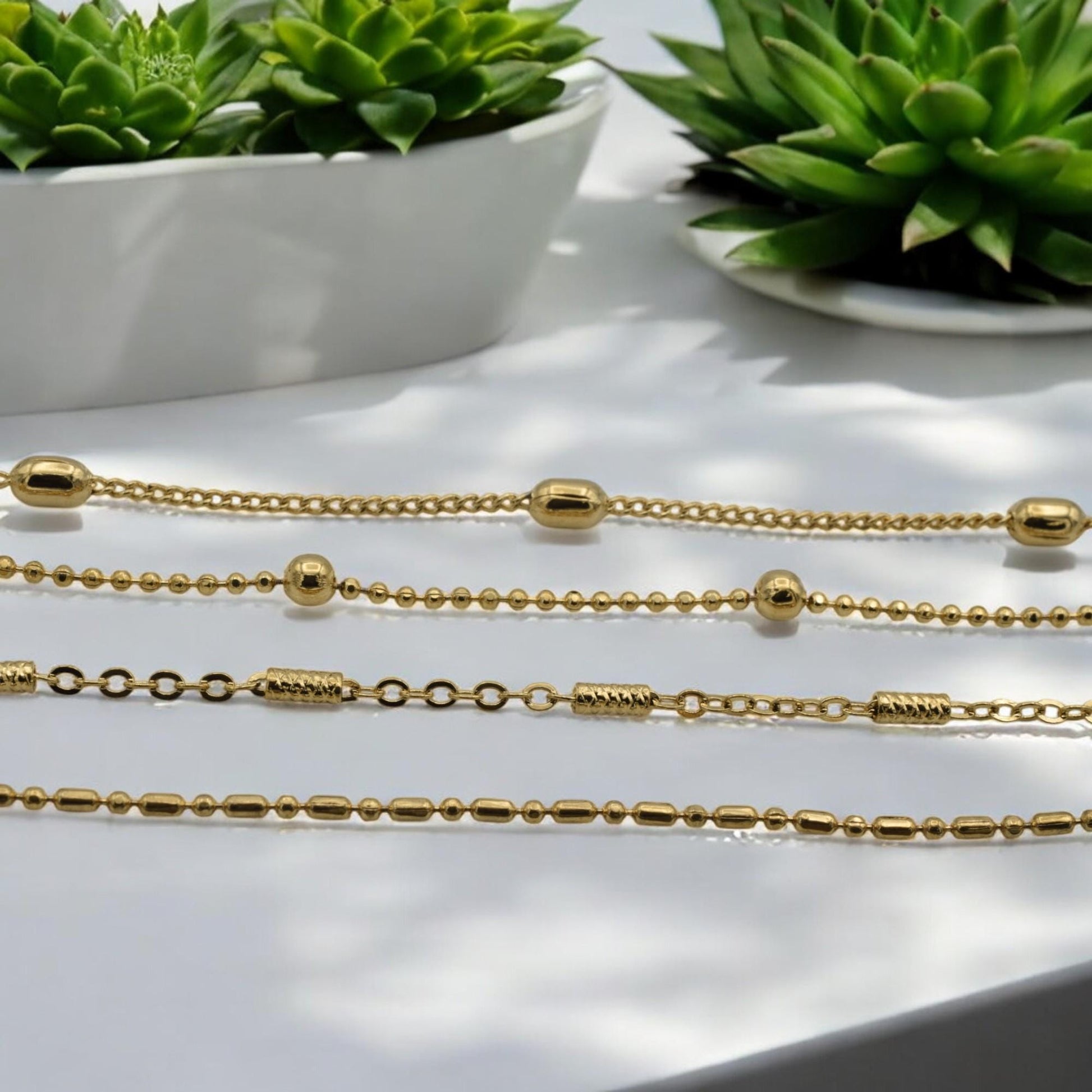 Gold Filled Durable Waterproof Chains: Modern Elegant Styles, Rope & Bar Accents (18 Inch Length, 3mm Beads, Jewelry Supply)