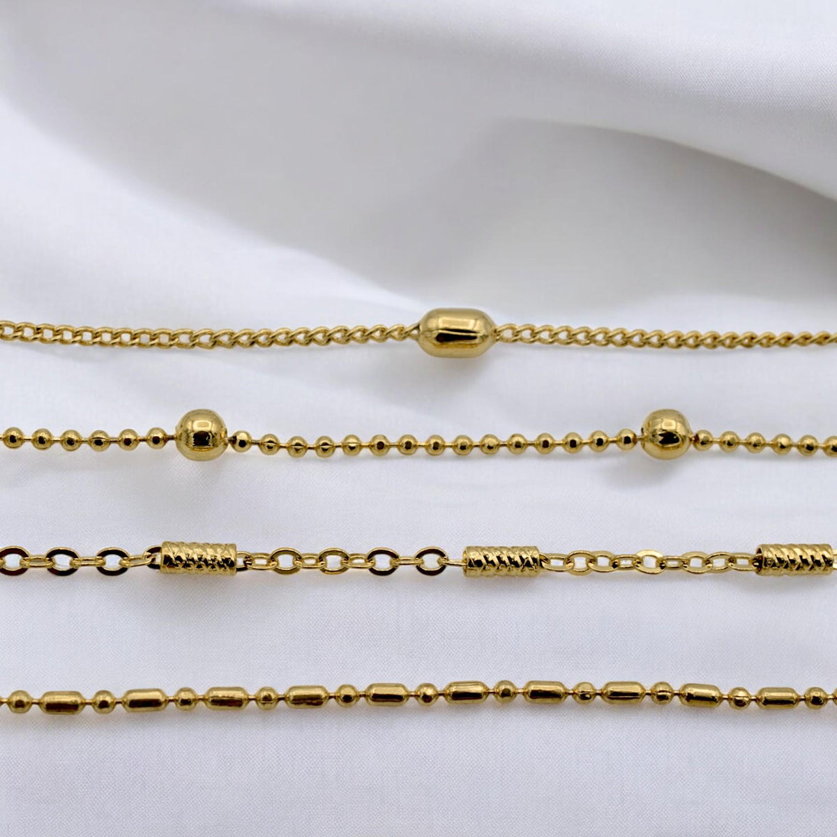 Gold Filled Durable Waterproof Chains: Modern Elegant Styles, Rope & Bar Accents (18 Inch Length, 3mm Beads, Jewelry Supply)