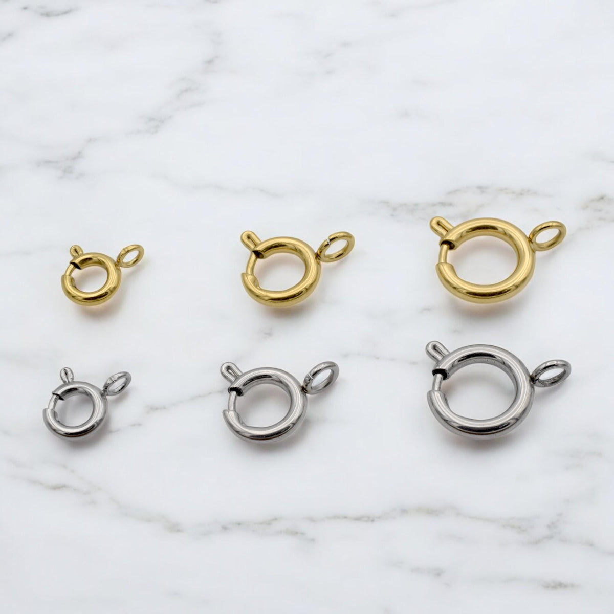 Round Spring Clasps Jewelry Making Essentials, Gold-Plated & Stainless Steel (6mm-10mm, Smooth Sturdy Fasteners, Hypoallergenic Materials)