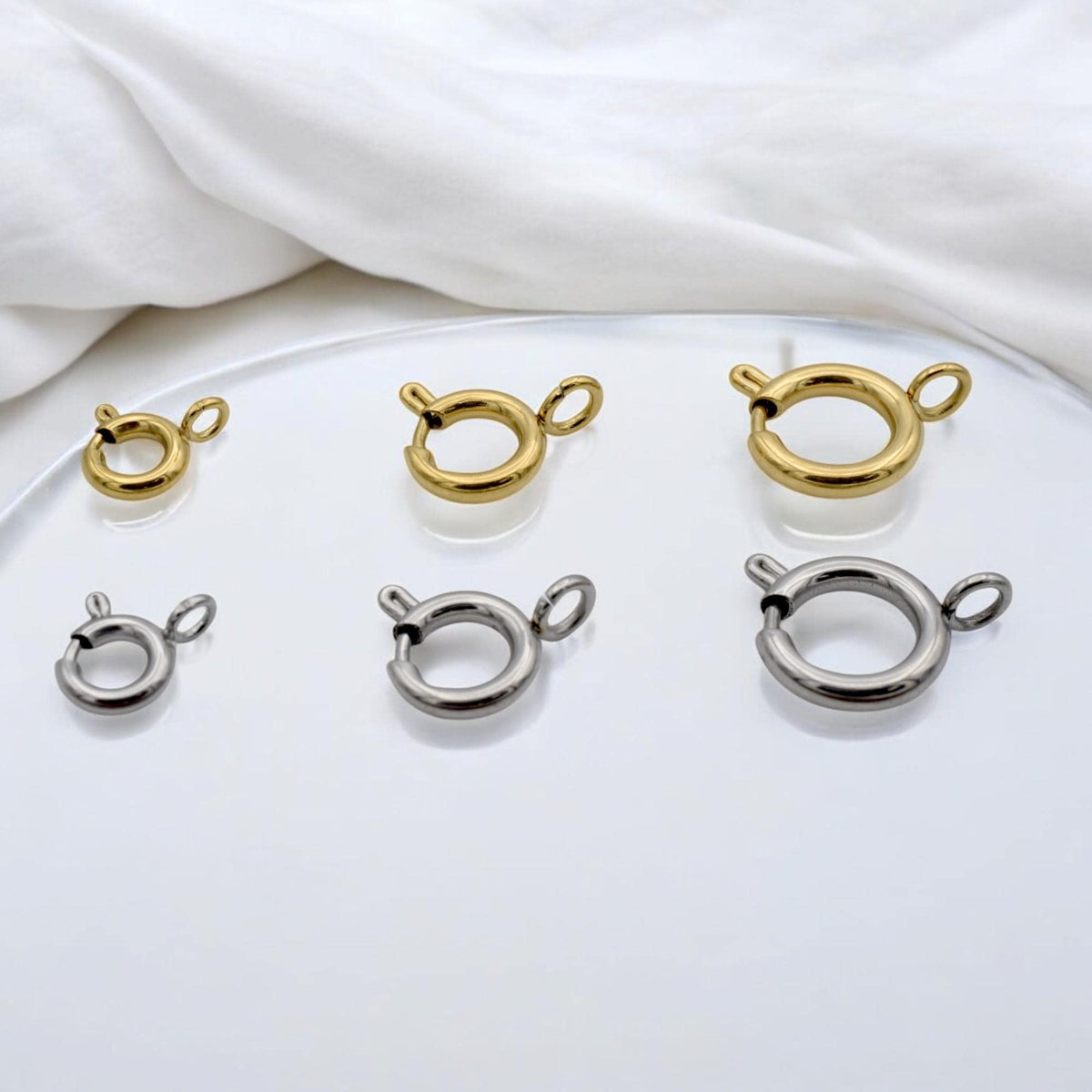Round Spring Clasps Jewelry Making Essentials, Gold-Plated & Stainless Steel (6mm-10mm, Smooth Sturdy Fasteners, Hypoallergenic Materials)