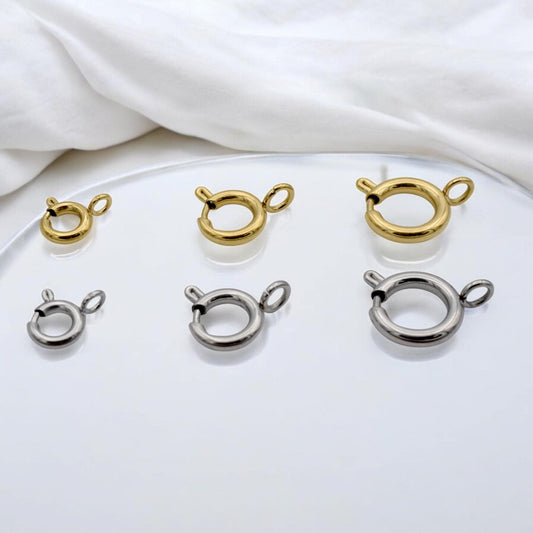 Round Spring Clasps Jewelry Making Essentials, Gold-Plated & Stainless Steel (6mm-10mm, Smooth Sturdy Fasteners, Hypoallergenic Materials)