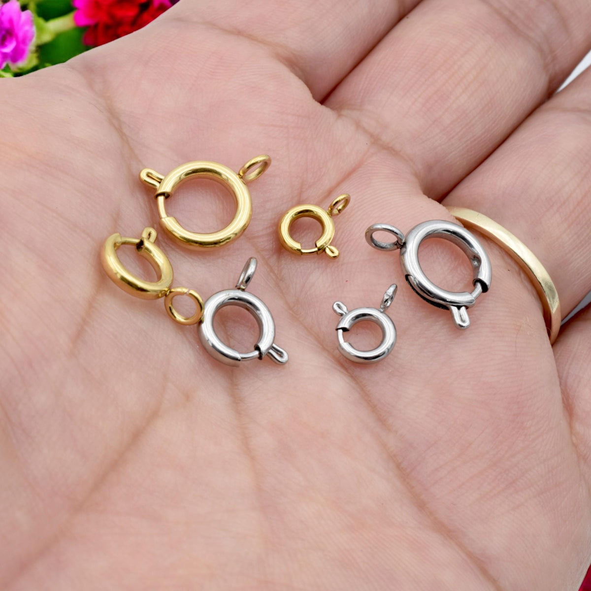 Round Spring Clasps Jewelry Making Essentials, Gold-Plated & Stainless Steel (6mm-10mm, Smooth Sturdy Fasteners, Hypoallergenic Materials)