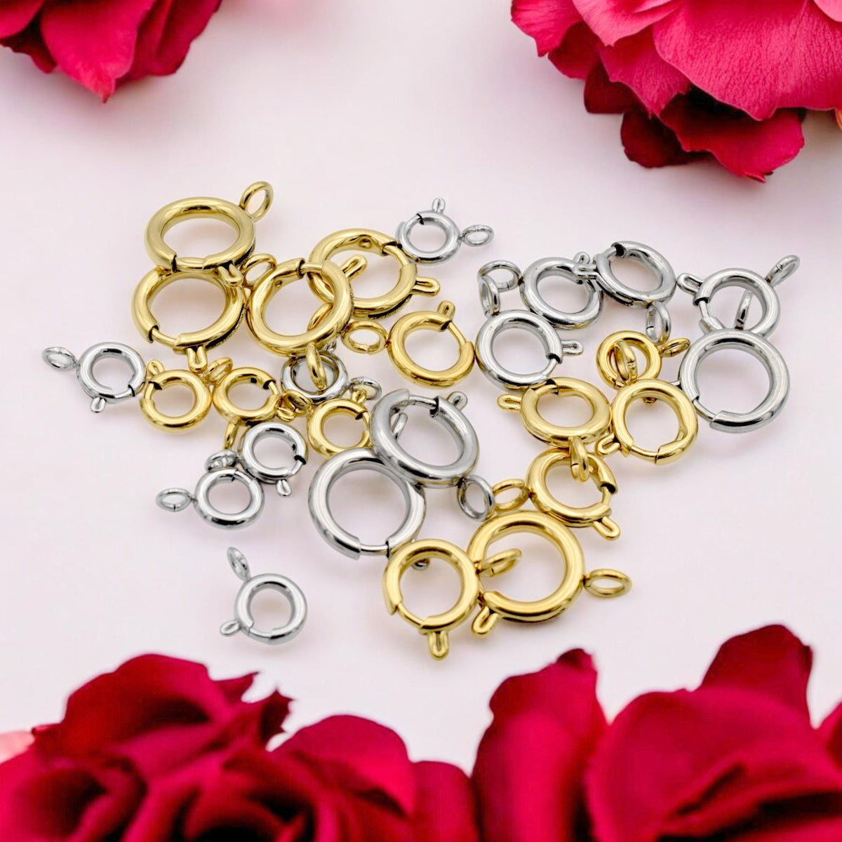 Round Spring Clasps Jewelry Making Essentials, Gold-Plated & Stainless Steel (6mm-10mm, Smooth Sturdy Fasteners, Hypoallergenic Materials)
