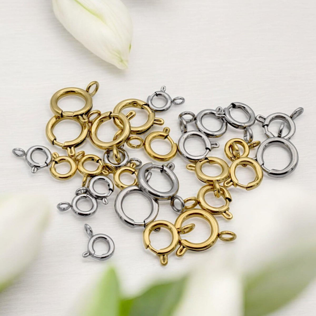 Round Spring Clasps Jewelry Making Essentials, Gold-Plated & Stainless Steel (6mm-10mm, Smooth Sturdy Fasteners, Hypoallergenic Materials)