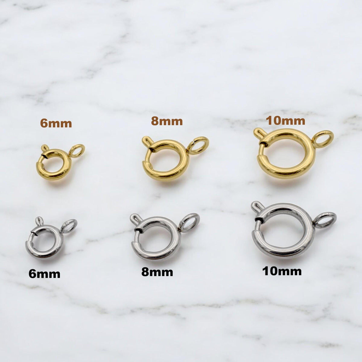 Round Spring Clasps Jewelry Making Essentials, Gold-Plated & Stainless Steel (6mm-10mm, Smooth Sturdy Fasteners, Hypoallergenic Materials)
