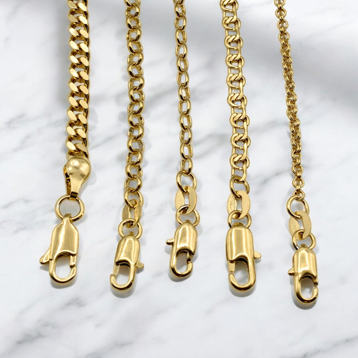 Gold Filled Alternative Waterproof Chains: Mariner, Curb, Oval Link Styles | Tarnish Resistant, Durable | Multiple Lengths Available