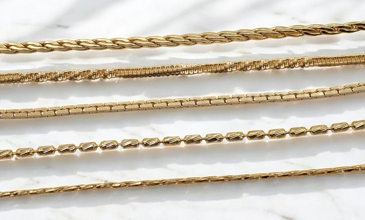 Pinky Gold Filled Alternative Chains - Waterproof Jewelry Making Supplies - Twist, Snake, Box & Bar Styles, Durable, 18 Inch Length