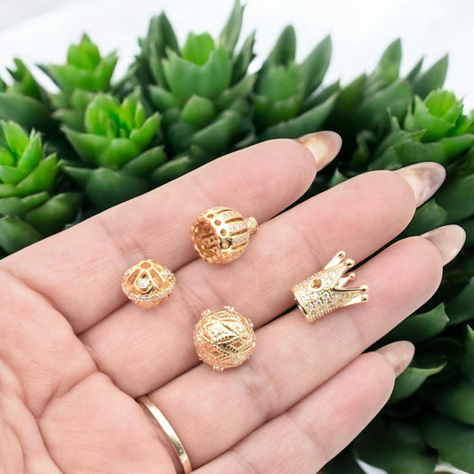 Luxury Gold Filled Look Crown and Filigree Beads – Intricate Design with Sparkling Accents Sold 3 PCs/PK jewelry making su...