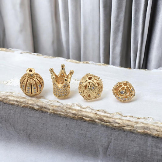 Elegant Gold Filled Look Beads – Crown and Filigree Design with Sparkling Accents jewelry making supplies