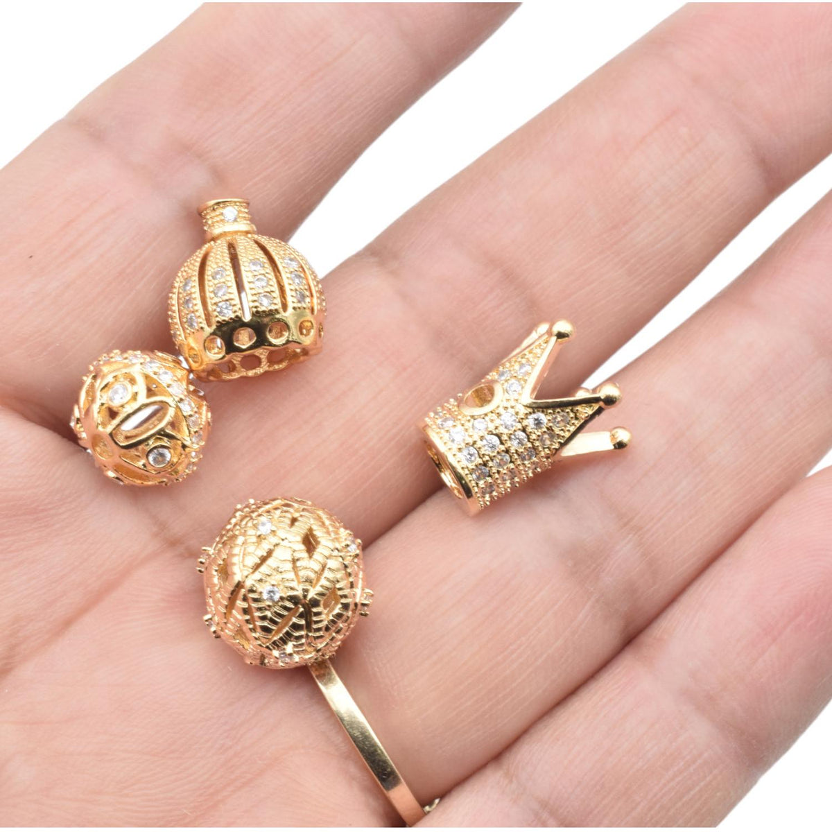 Elegant Gold Filled Alternative Beads: Regal Crown And Filigree, Sparkling Details - DIY Bracelet Charms