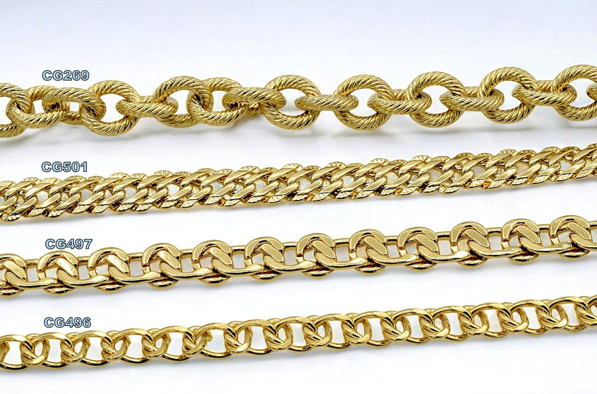 Gold Filled Alternative Waterproof Chains - Flat Curb Mariner Double Cable Styles - Durable Gold Finish, Jewelry Making Supplies