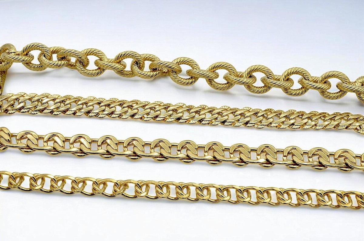 Gold Filled Alternative Waterproof Chains - Flat Curb Mariner Double Cable Styles - Durable Gold Finish, Jewelry Making Supplies