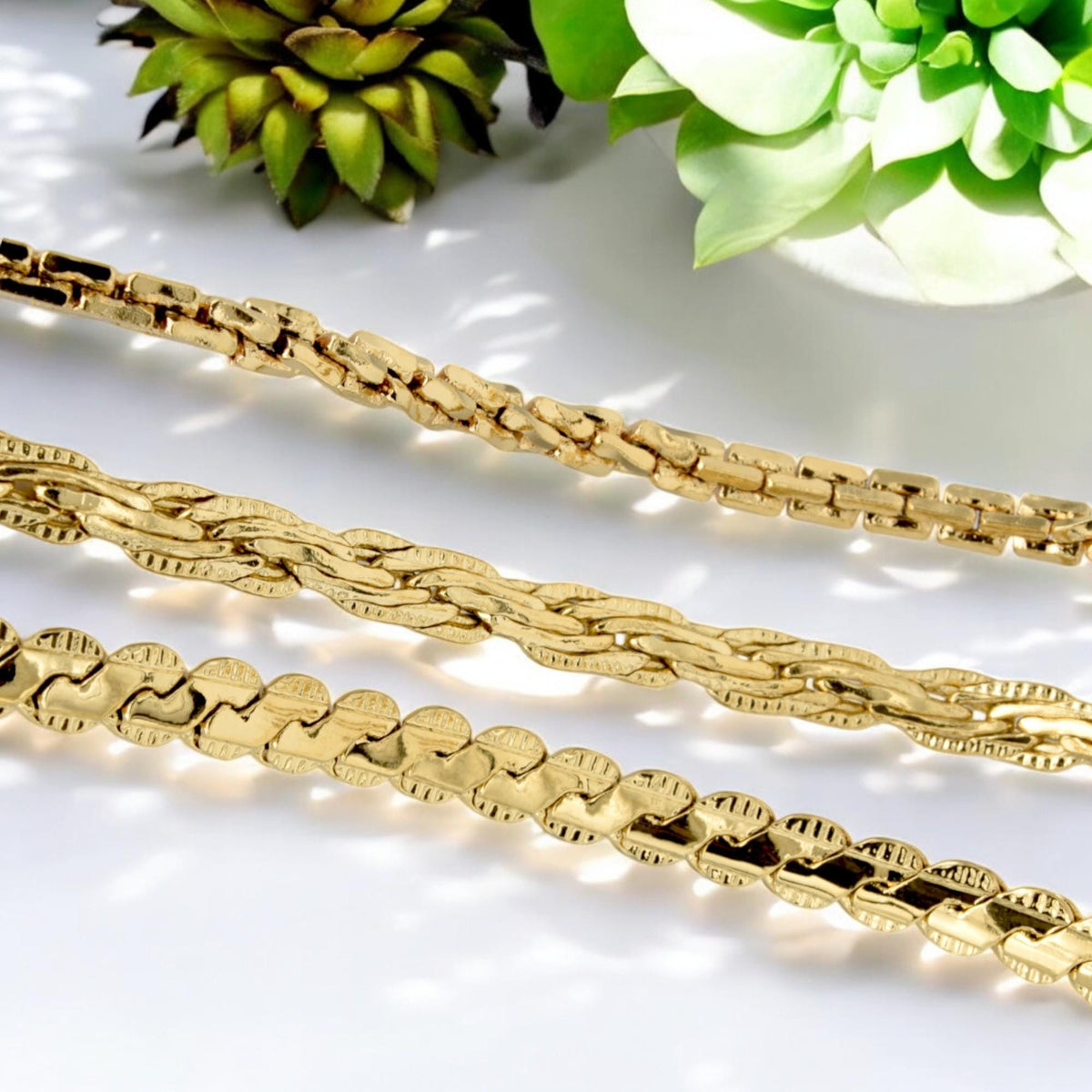 Gold Filled Waterproof Chains: Elegant Tarnish-Resistant Finish - Flat S-Snake, Twist Rope & Twisted Box Styles for Jewelry Making