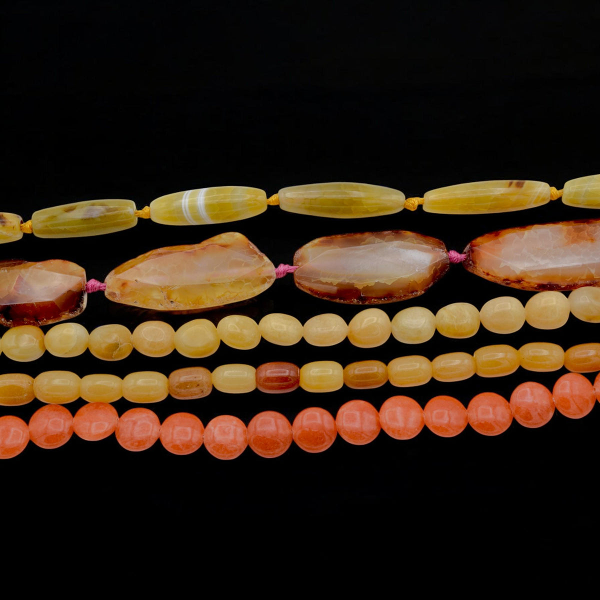 Bulk Mixed Yellow Agate Beads: Natural Polished Gemstones, Warm Amber Orange Tones (Oval Tube, Round, Organic Shapes, DIY Crafts)