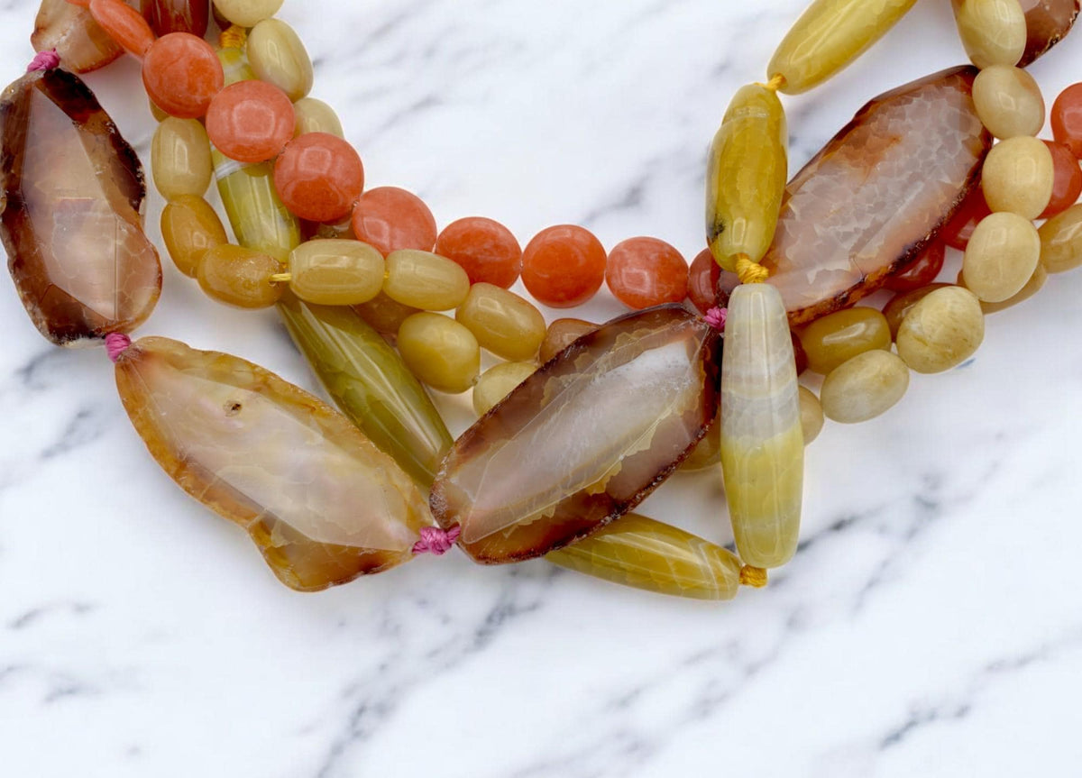Bulk Mixed Yellow Agate Beads: Natural Polished Gemstones, Warm Amber Orange Tones (Oval Tube, Round, Organic Shapes, DIY Crafts)