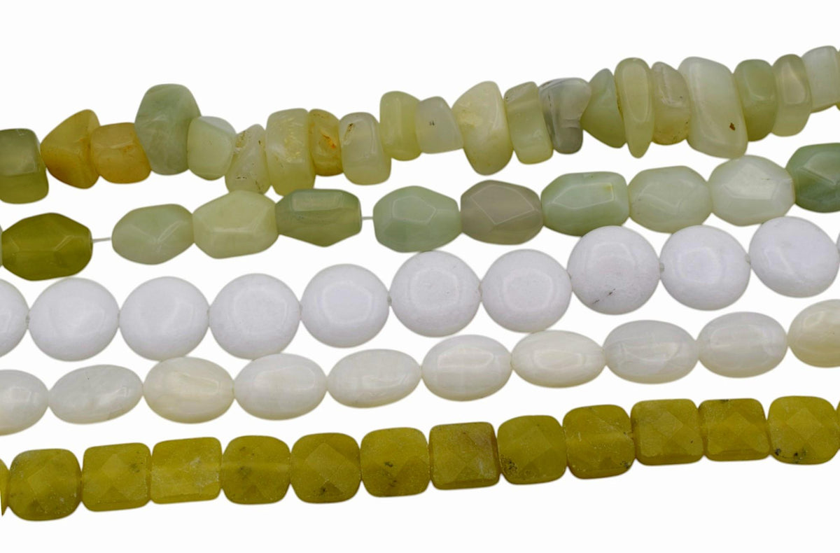 Bulk White Agate Gemstone Beads: Yellow Jade and Prehnite Mix, Polished Semi-Precious Stones (Loose Beads, Jewelry Crafting)