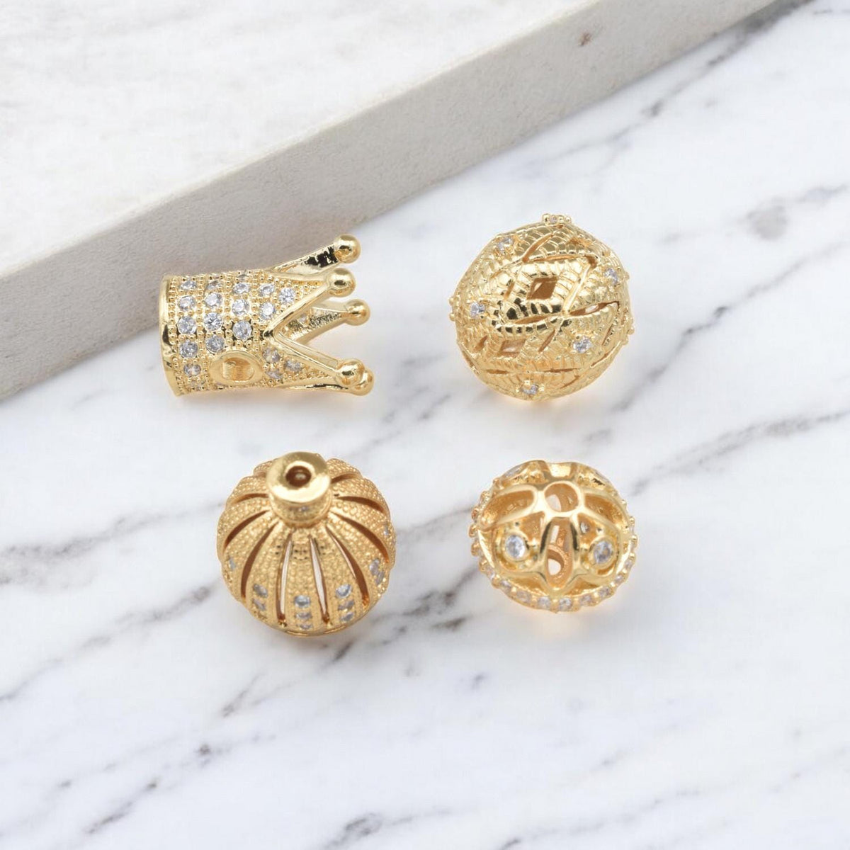 Elegant Gold Filled Alternative Beads: Regal Crown And Filigree, Sparkling Details - DIY Bracelet Charms
