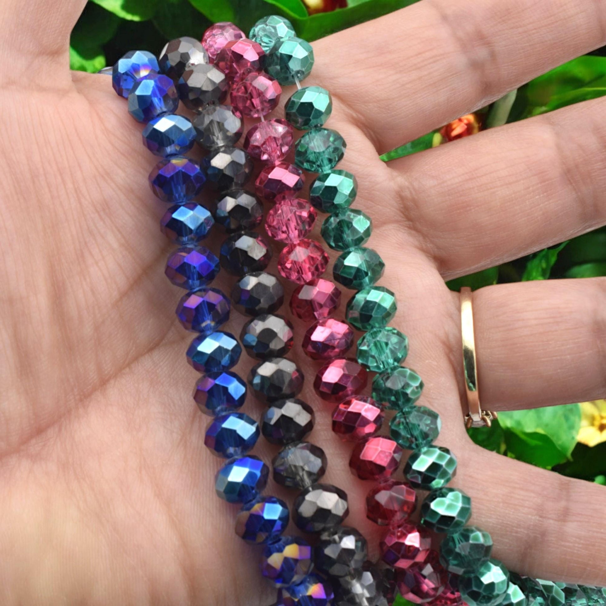 Strands For Jewelry Faceted Crystal Rondelle Beads, Multi-Color Selection (3x4mm-8x10mm, Metallic Emerald, Sapphire Blue, Spacer Beads)