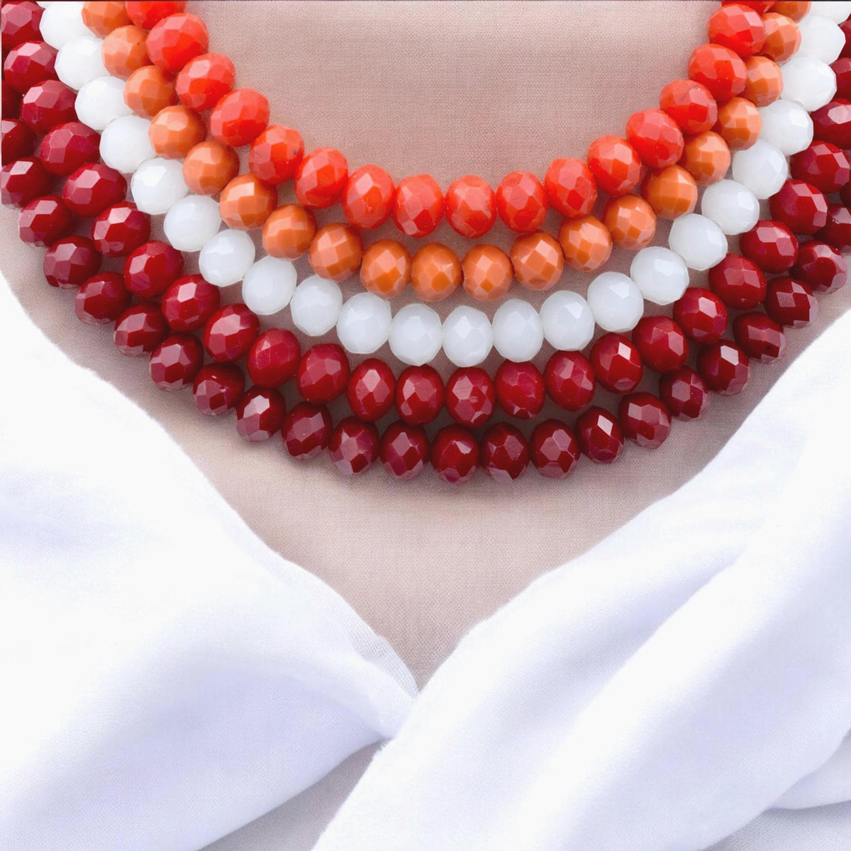 Red Orange White Faceted Bead Necklace: Layered Milky Crystal Statement, Bold Color Blend | Handmade Jewelry, Gift For Her | Multiple Sizes