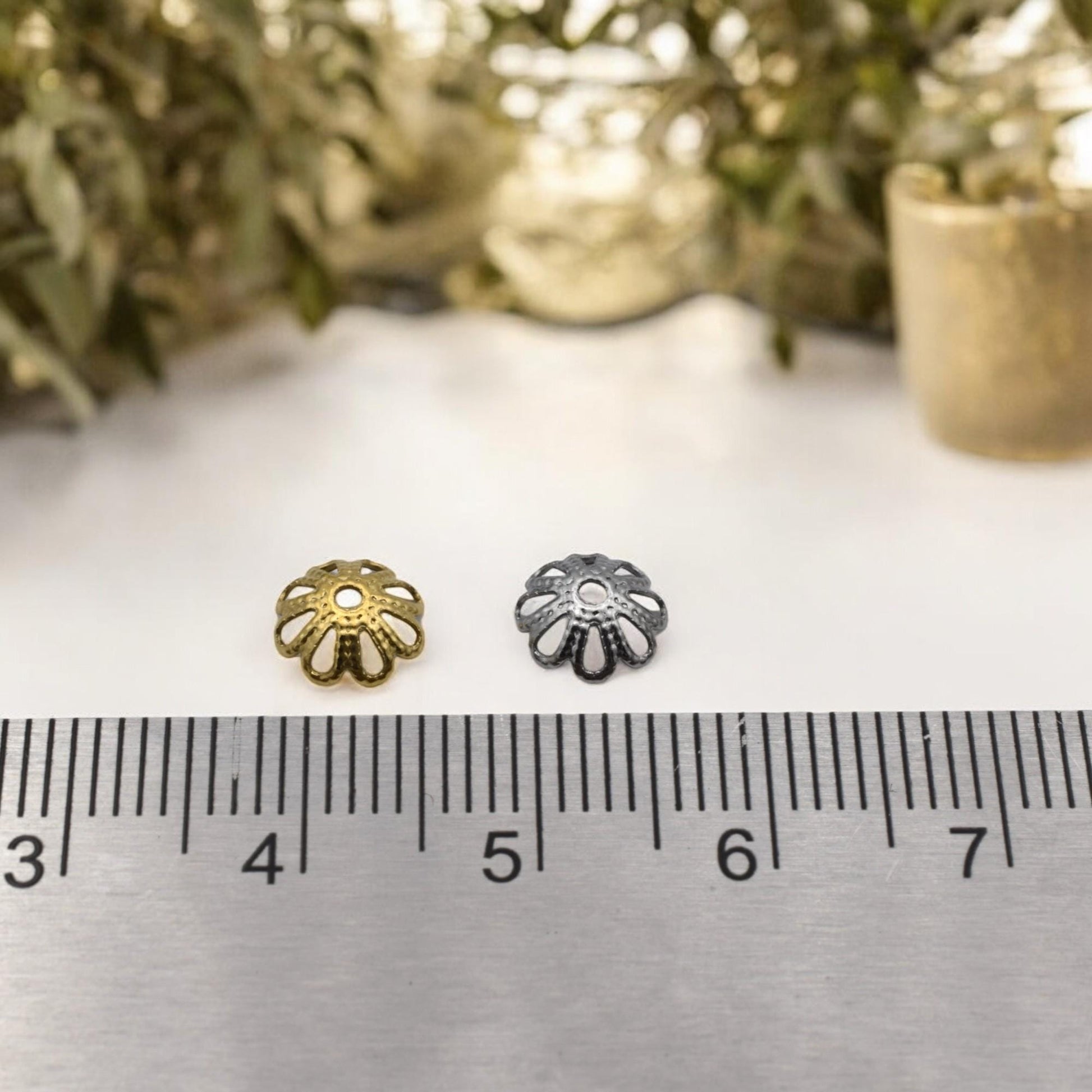 Flower Bead Caps, Filigree Spacers, Stainless Steel, 7mm (Gold Silver Tone)