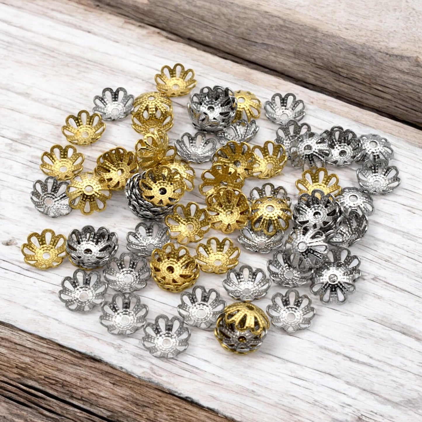 Flower Bead Caps, Filigree Spacers, Stainless Steel, 7mm (Gold Silver Tone)