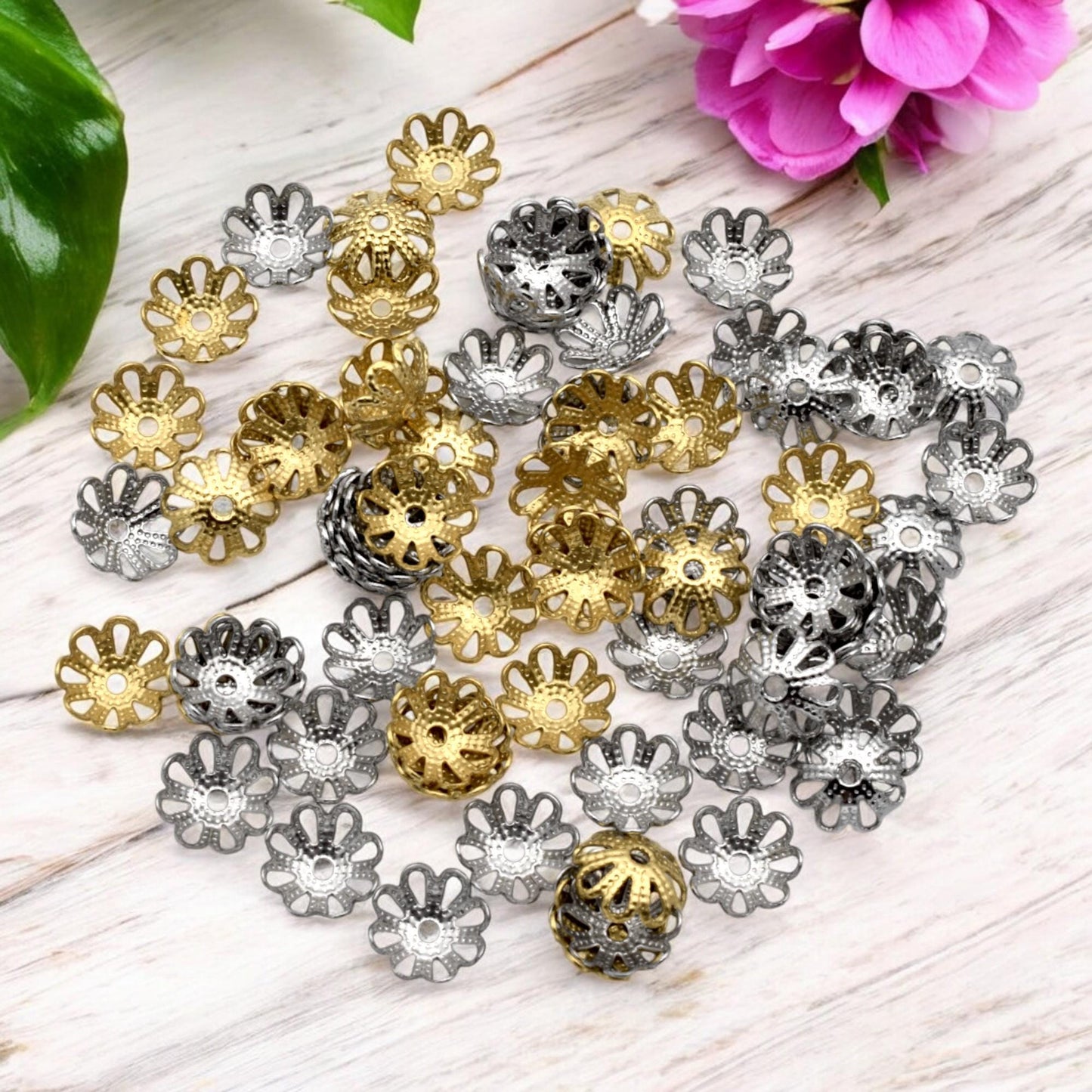 Flower Bead Caps, Filigree Spacers, Stainless Steel, 7mm (Gold Silver Tone)