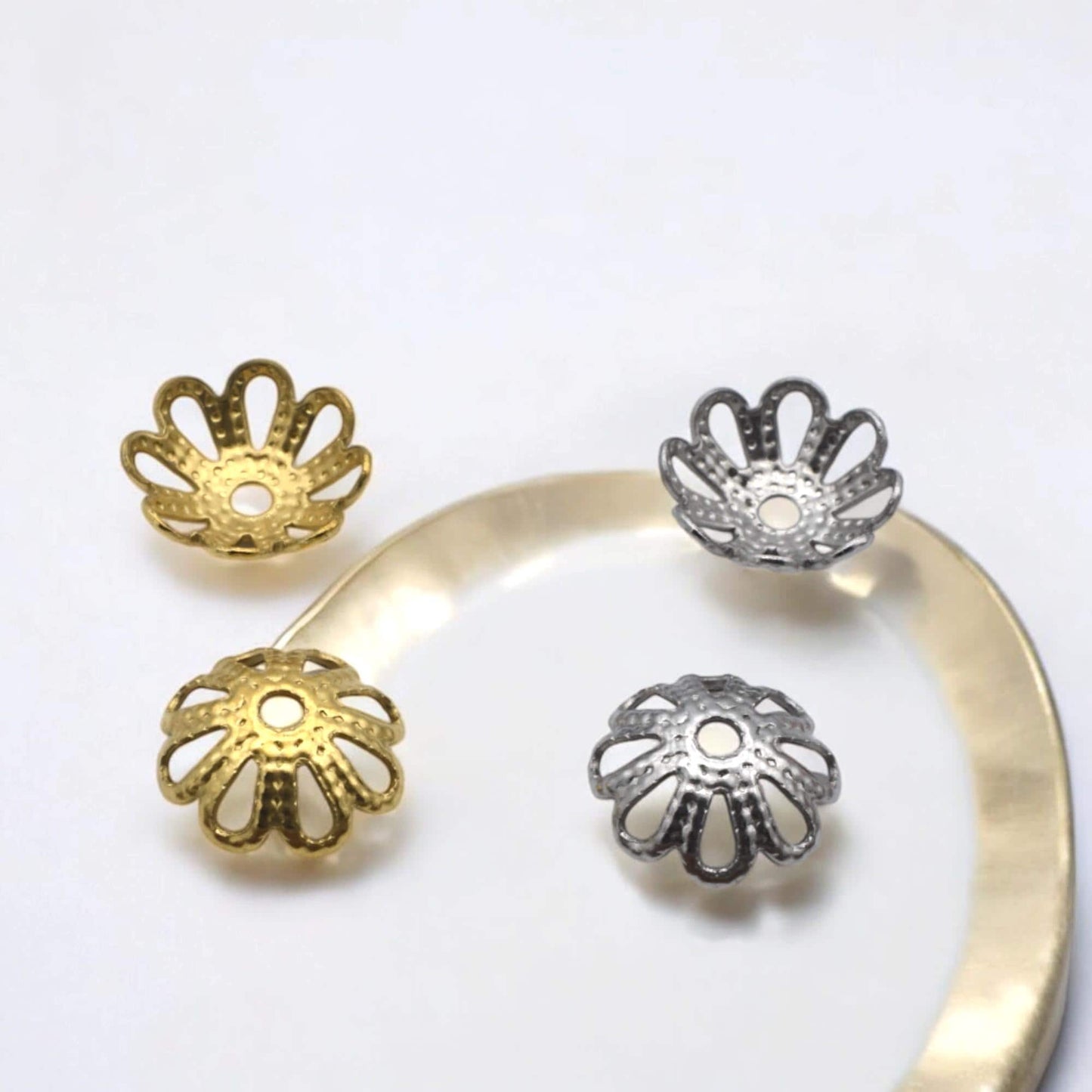 Flower Bead Caps, Filigree Spacers, Stainless Steel, 7mm (Gold Silver Tone)