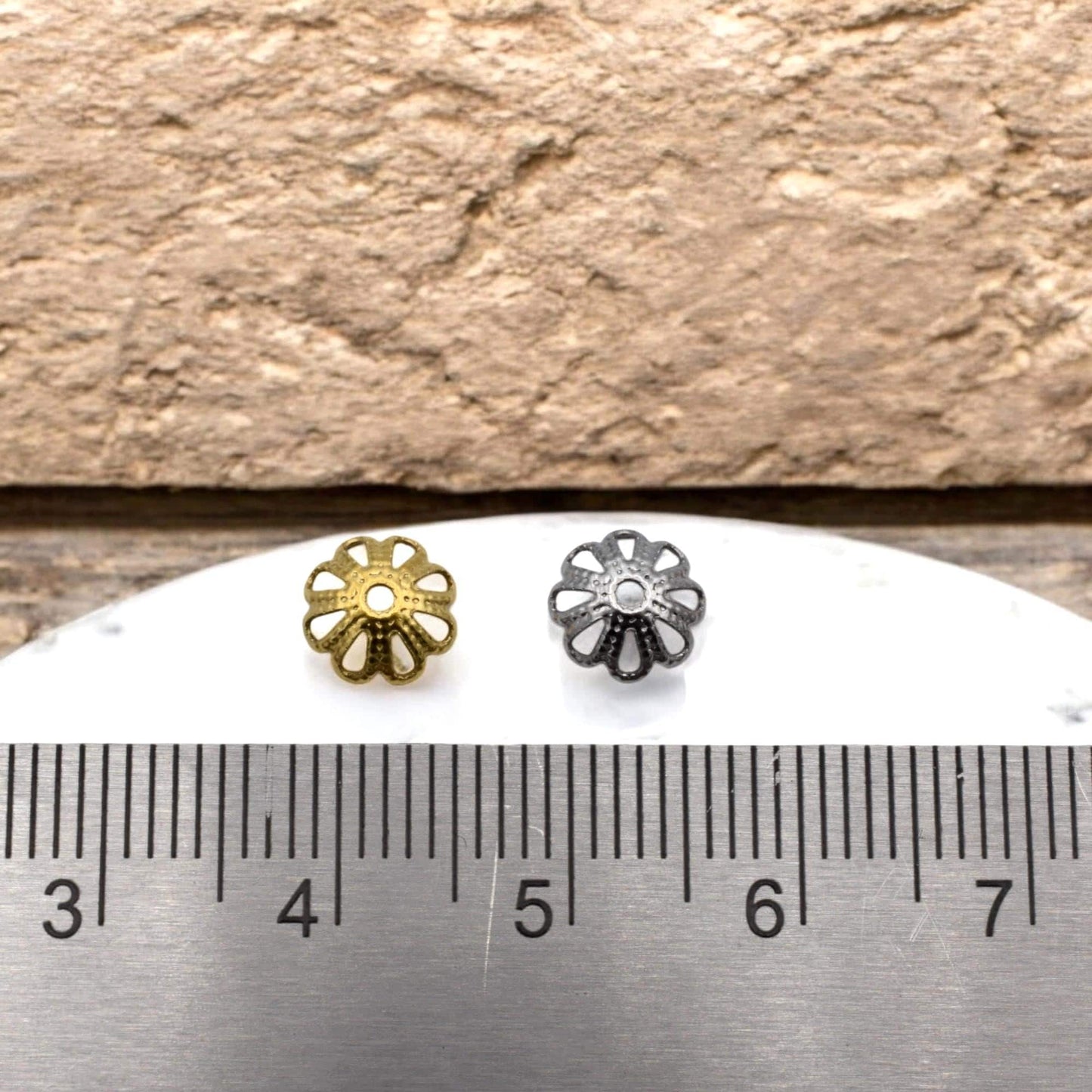 Flower Bead Caps, Filigree Spacers, Stainless Steel, 7mm (Gold Silver Tone)