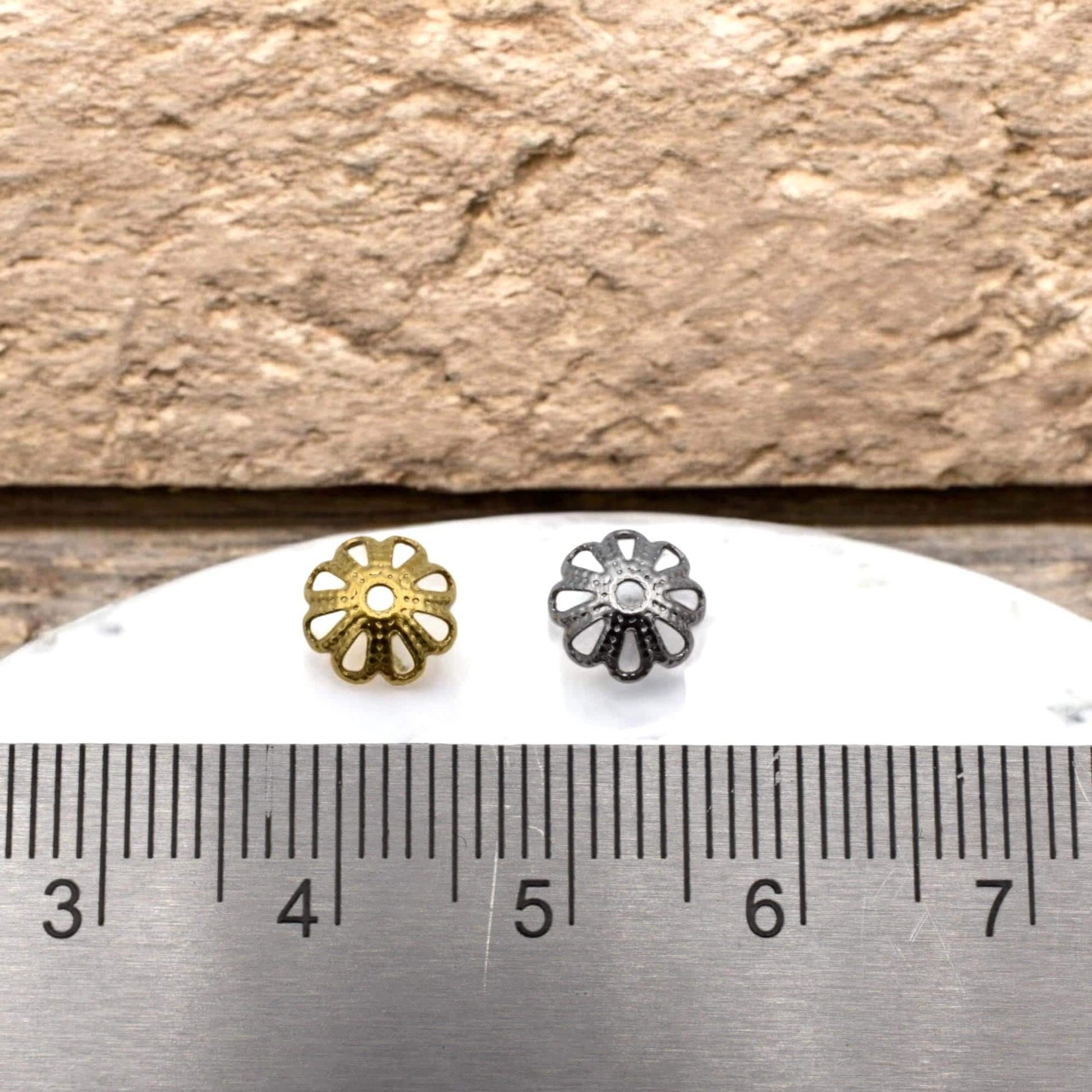 Flower Bead Caps, Filigree Spacers, Stainless Steel, 7mm (Gold Silver Tone)