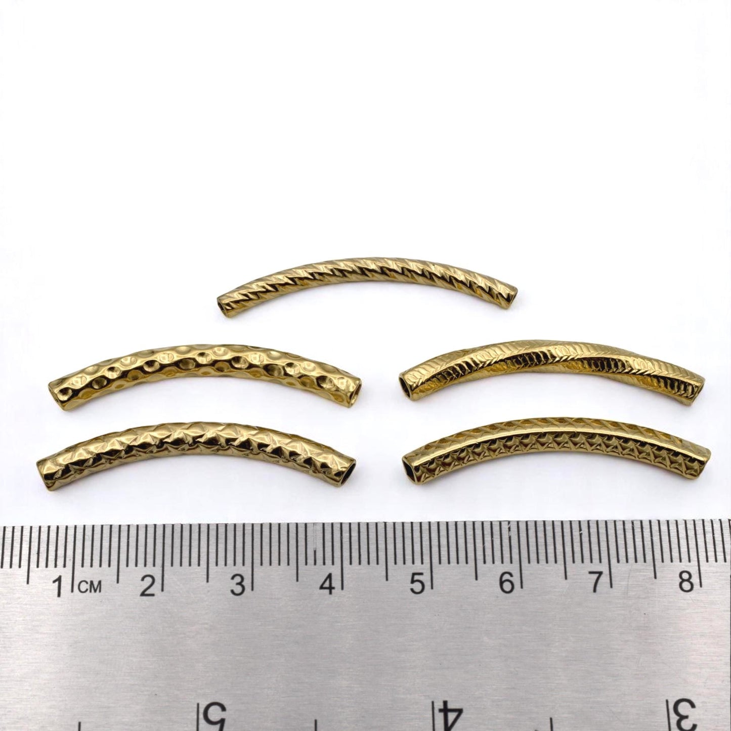 Gold Curved Tube Spacer Beads - Textured Gold-Plated Stainless Steel, Arched Design, Lightweight Durable | Jewelry Making Essentials