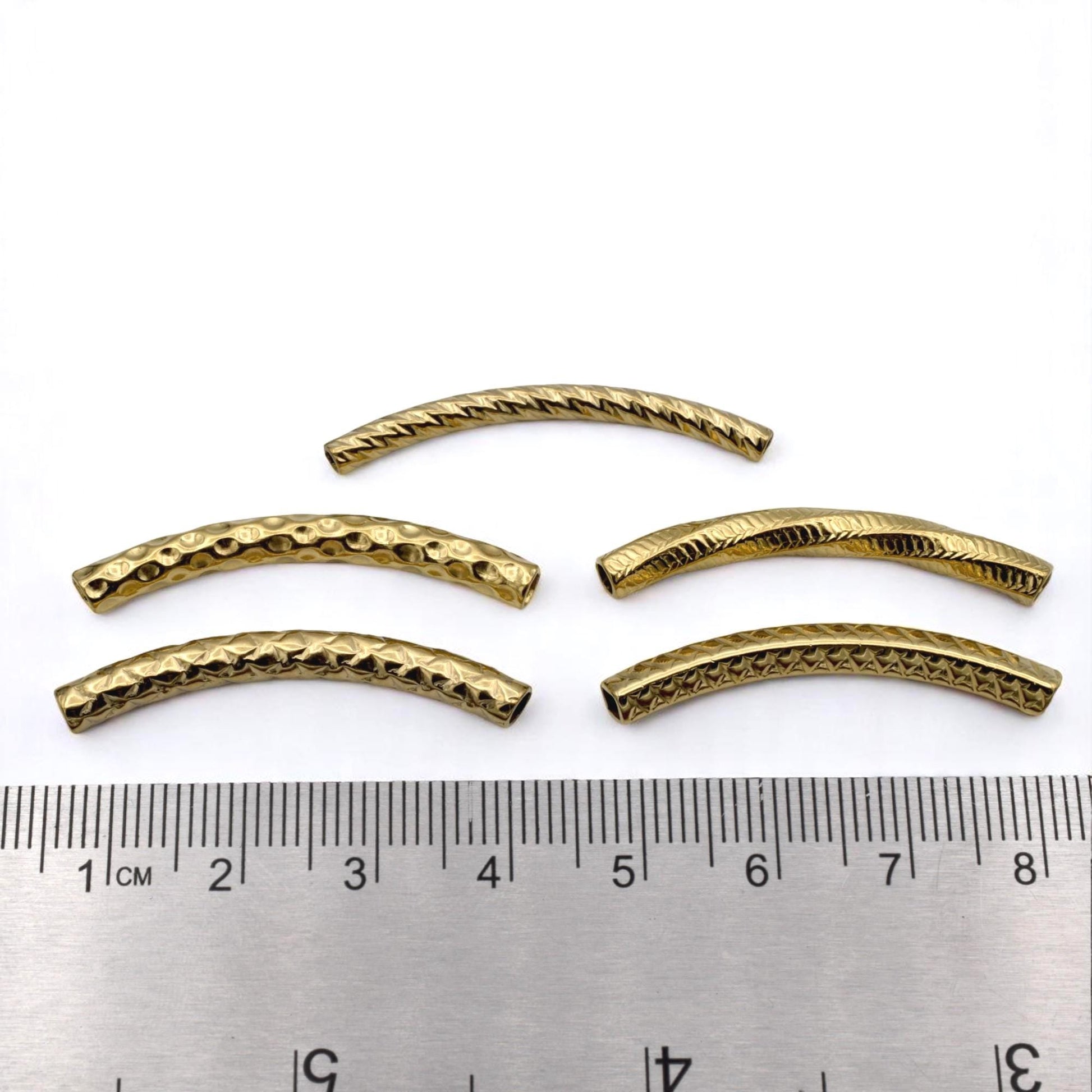Gold Curved Tube Spacer Beads - Textured Gold-Plated Stainless Steel, Arched Design, Lightweight Durable | Jewelry Making Essentials