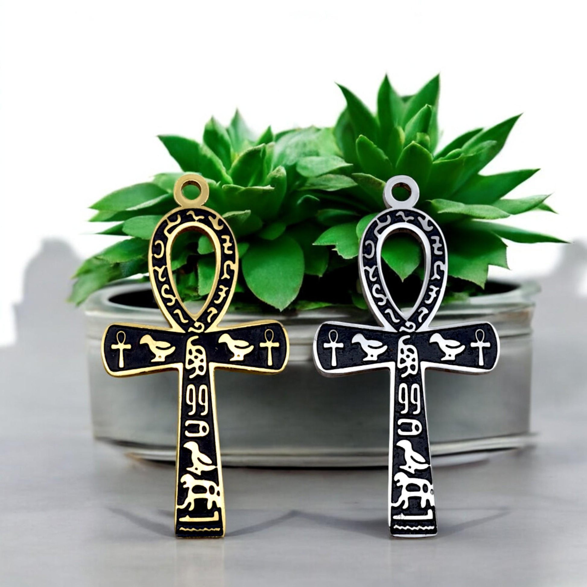 Ankh Cross Pendant Jewelry: Sacred Egyptian Hieroglyph Design, Gold & Silver Stainless (15x30mm, Unisex Charm)