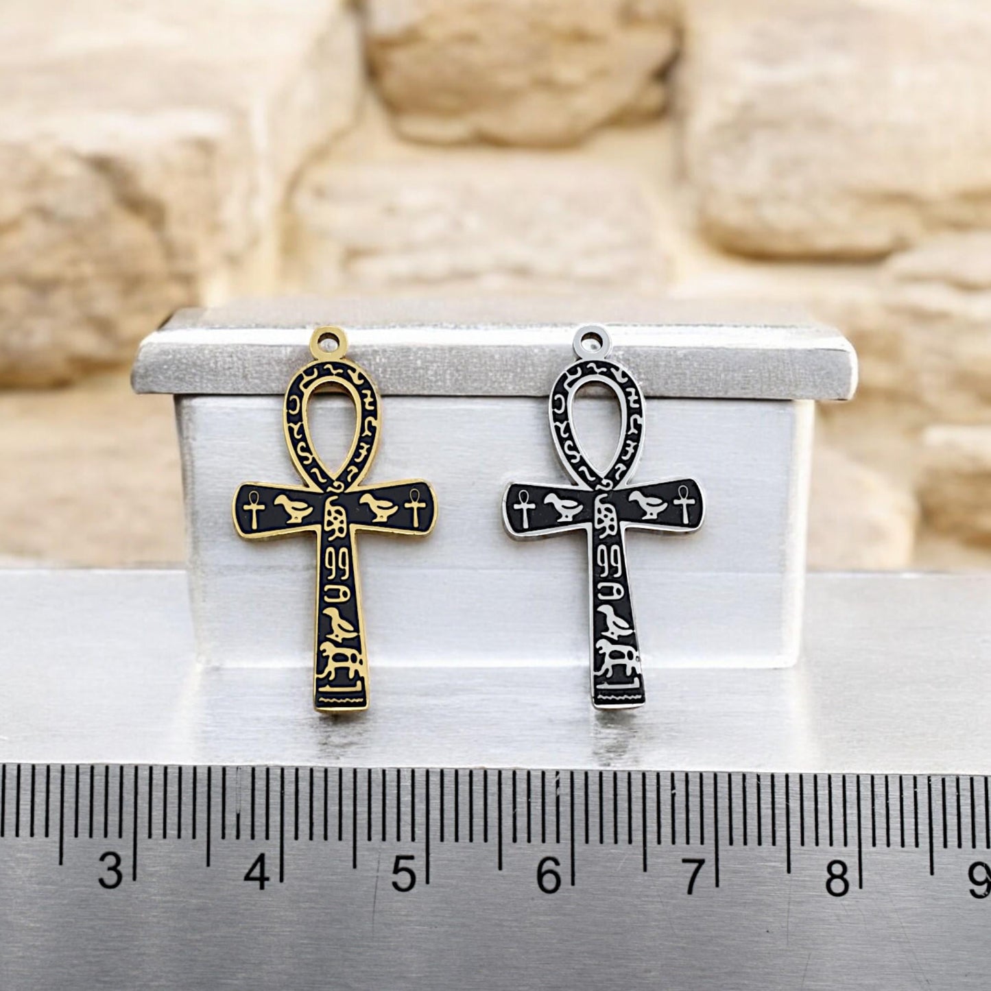 Ankh Cross Pendant Jewelry: Sacred Egyptian Hieroglyph Design, Gold & Silver Stainless (15x30mm, Unisex Charm)
