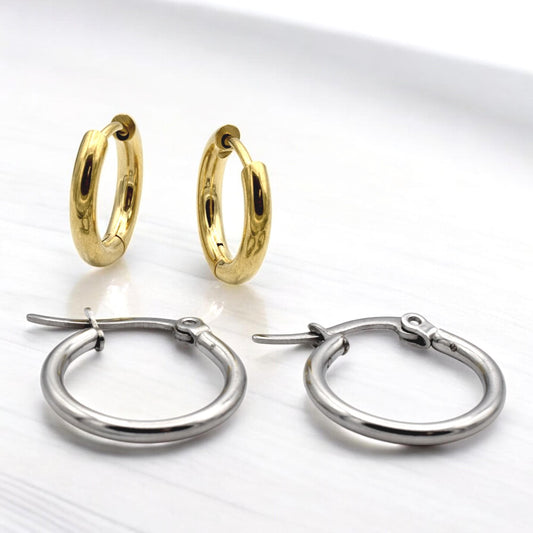 Small Huggies Hoops Stainless Steel Earrings: Gold and Silver Polished Metal (Hypoallergenic, Unisex, DIY Charm Base)