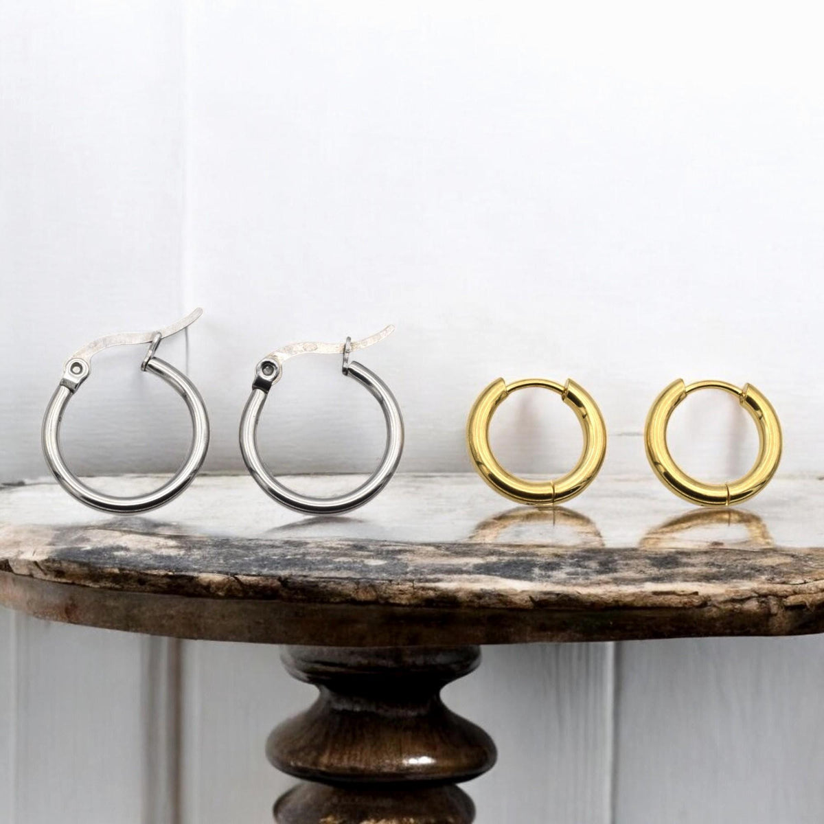 Small Huggies Hoops Stainless Steel Earrings: Gold and Silver Polished Metal (Hypoallergenic, Unisex, DIY Charm Base)