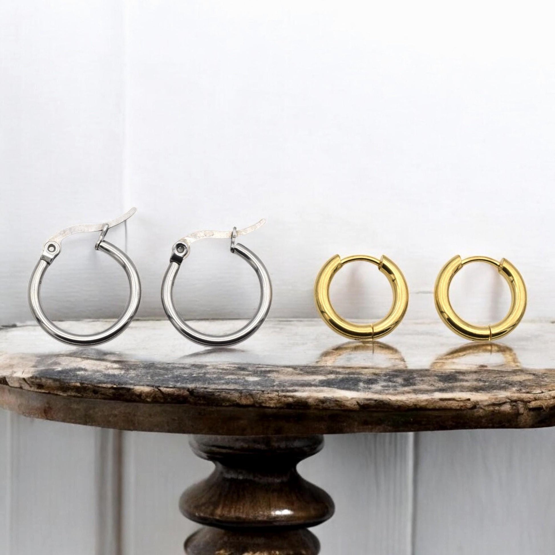 Small Huggies Hoops Stainless Steel Earrings: Gold and Silver Polished Metal (Hypoallergenic, Unisex, DIY Charm Base)