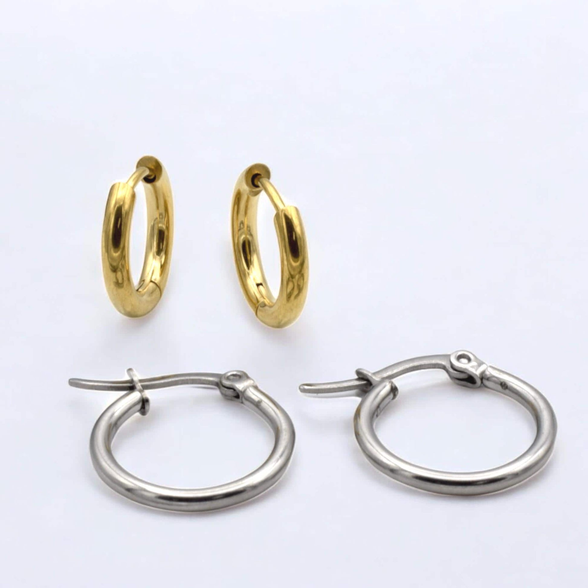Small Huggies Hoops Stainless Steel Earrings: Gold and Silver Polished Metal (Hypoallergenic, Unisex, DIY Charm Base)
