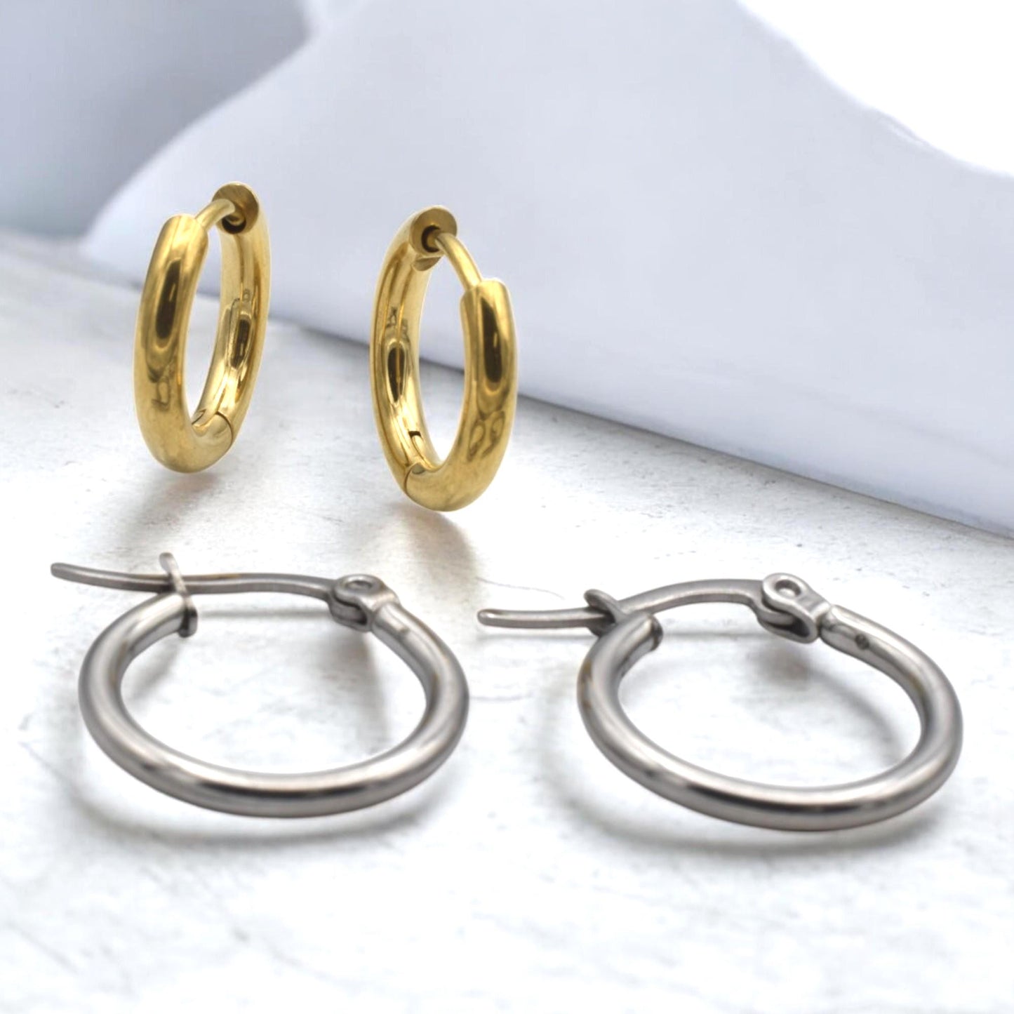 Small Huggies Hoops Stainless Steel Earrings: Gold and Silver Polished Metal (Hypoallergenic, Unisex, DIY Charm Base)