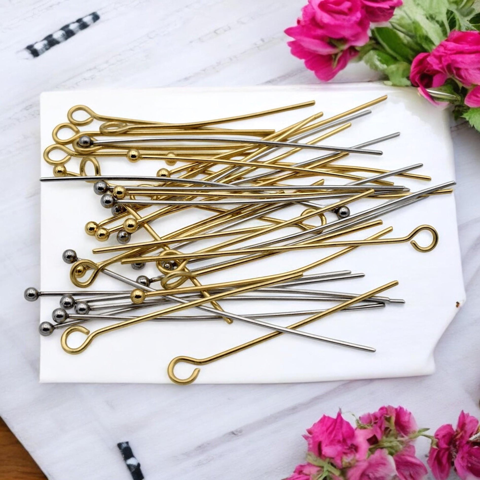 Stainless Steel Gold Plated Pins And Eye Pins: Ball End & Loop Wire, Tarnish Resistant | 100 Pieces, 1.5 Inch Length, Jewelry Making Set