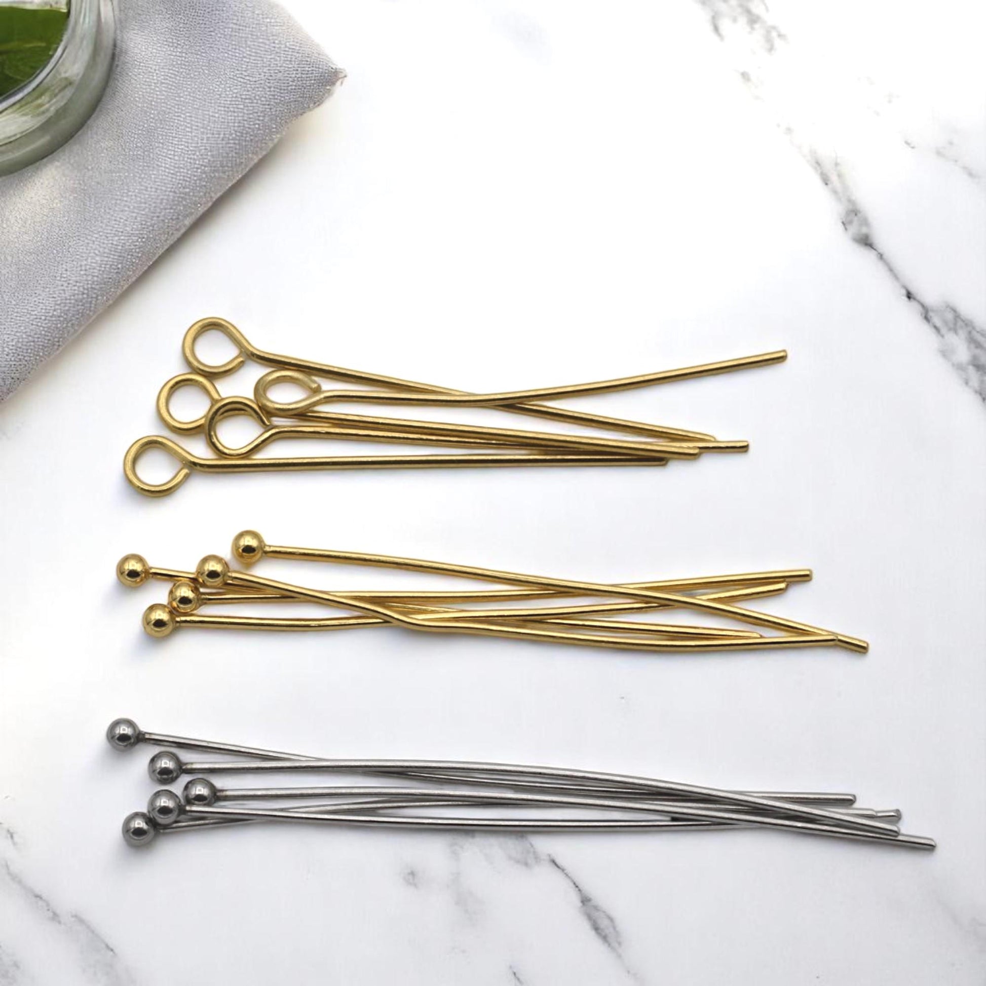 Stainless Steel Gold Plated Pins And Eye Pins: Ball End & Loop Wire, Tarnish Resistant | 100 Pieces, 1.5 Inch Length, Jewelry Making Set